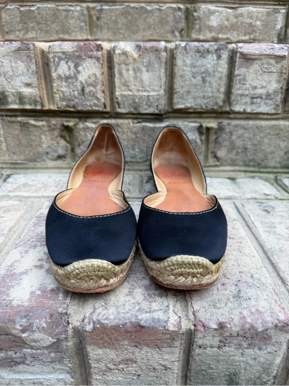 Christian Louboutin Black Satin D’Orsay Espadrille Flats Red Sole US 9 9.5